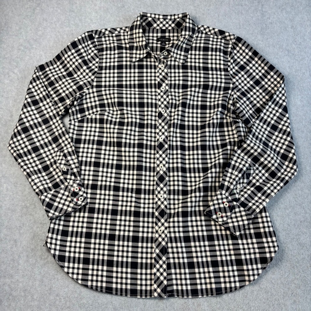Talbots Plaid Button Down Long Sleeve Shirt Career Black White Women's Small